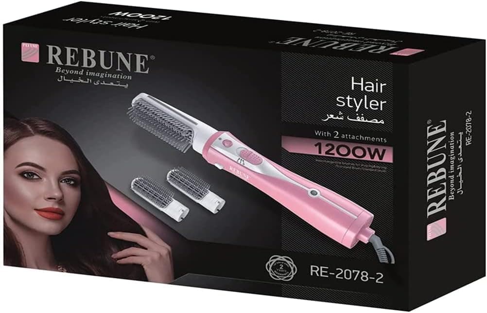 REBUNE RE-2078-2 Pink 1200W Hair Dryer Brush 3 In 1 Hot Air Styler Straightening & Curling Fast Heating (3s) Hair Styler with 2 Brushes