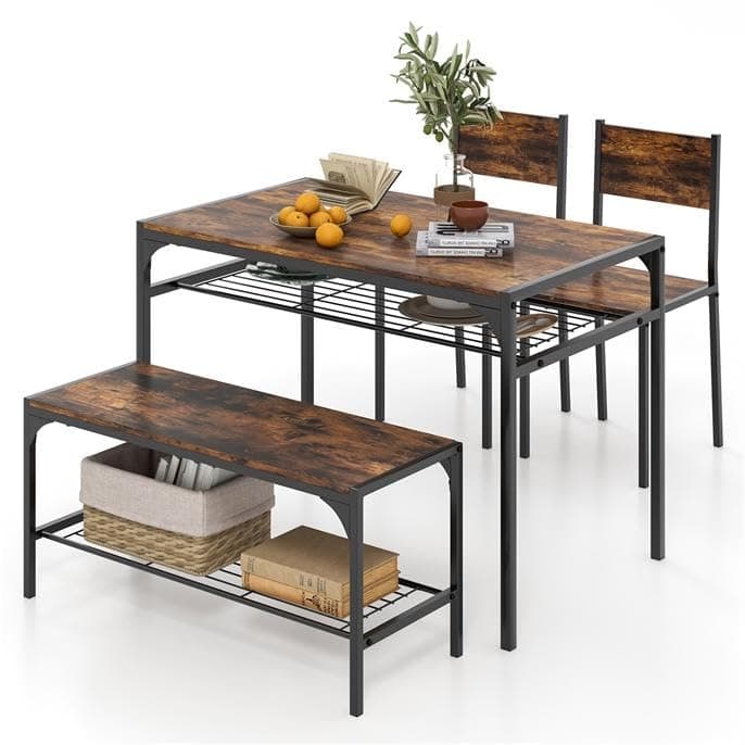 Dining Table and 2 Chairs with Bench, Wooden Kitchen Table and Chairs Set of 4 with 2 Storage Racks, Metal Frame Dining Room Sets Furniture for Home Living Room Restaurant (Rustic Brown)
