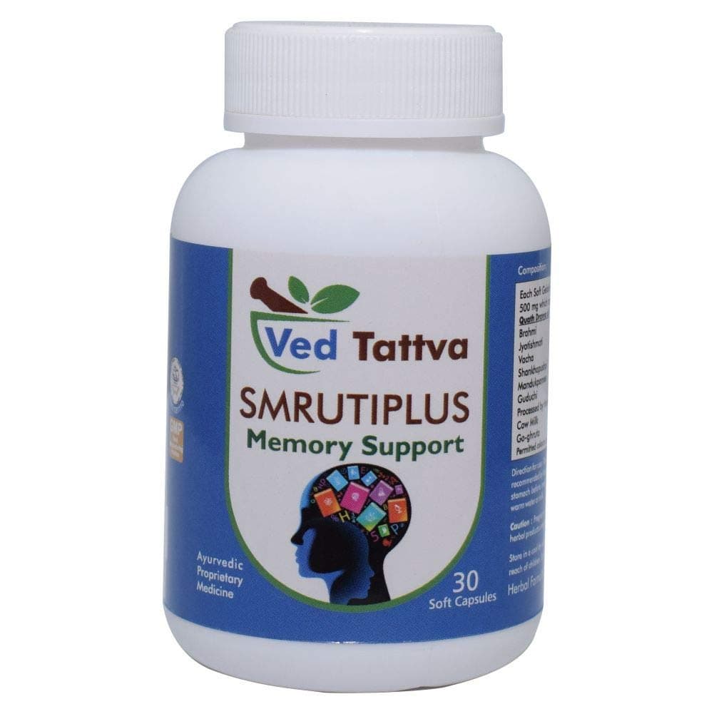 Ved Tattva Smruti Plus 30 Capsules, Ayurvedic Herbal Formulation For Brain & Memory Support, Natural (VTA7693)