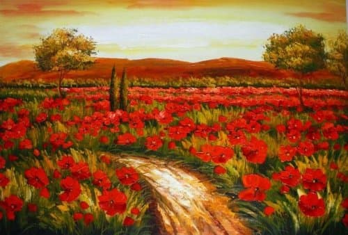 Flower Field Painting Italian Tuscany Red Poppy Field 100% Hand Painted Art Wall Art Canvas Art Abstract Oil Painting (Unframed and Unstretched)