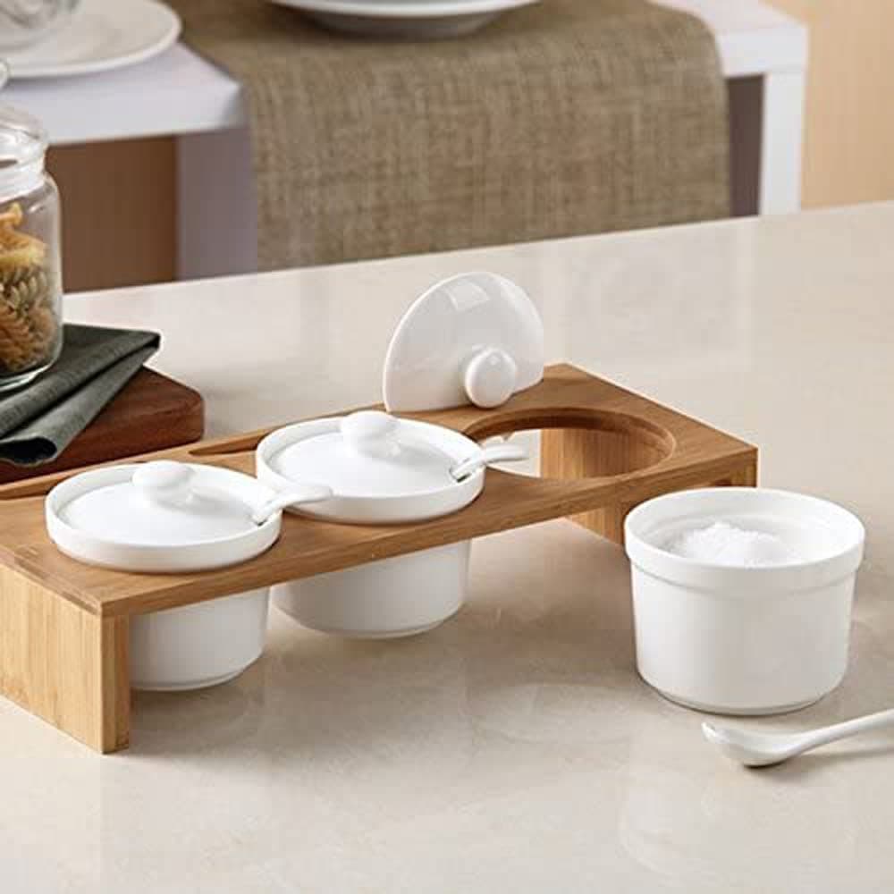 LINGWEI Set of 3 White Ceramic Condiment Jar Spice Pots with Lids Spoons Bamboo Serving Tray Holder for Home and Kitchen Storage (Style-2)