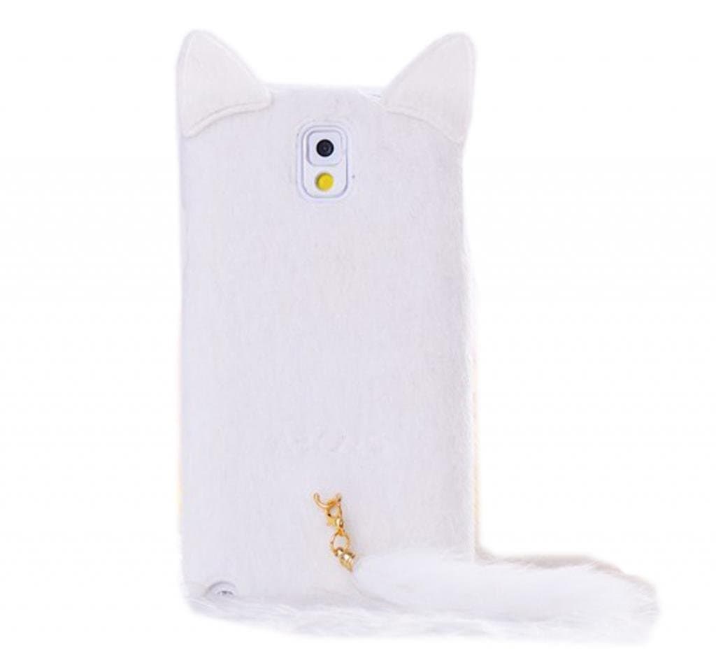 DE New Fashion Cartoon Animal Series White With Fluffy Plush Tail Fur Ear Cat Style Plush + TPU Soft Case Cover Shell Compatible for Samsung Galaxy Note 3 III N9000