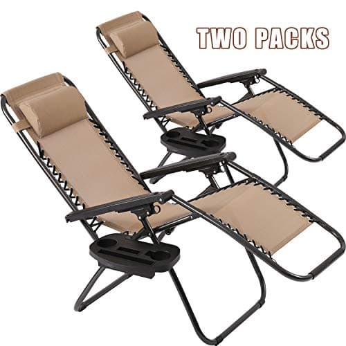Vnewone Zero Gravity Chair Set of 2 Patio Folding Anti Reclining Lounge Deck Foldable Yard with Pillow and Cup Holder, Tan