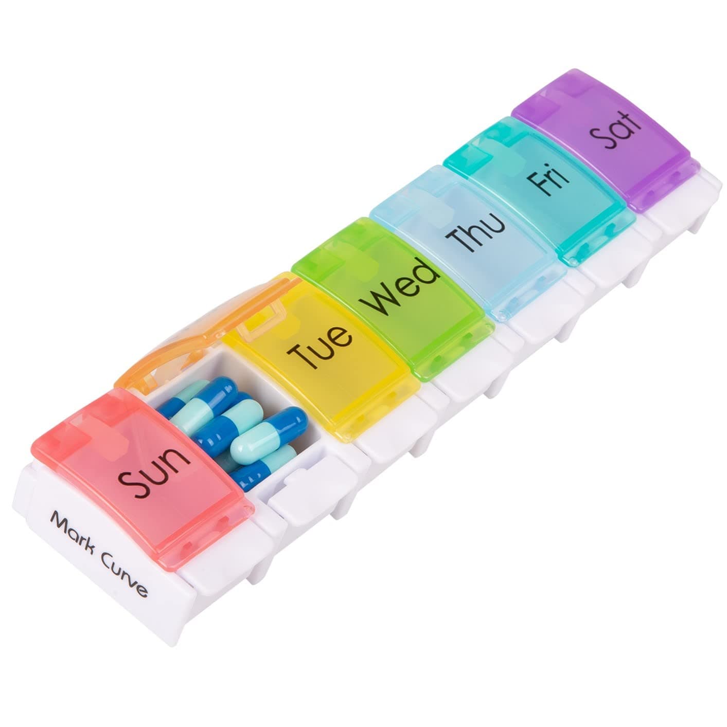 Portable Weekly Pill Box Organiser | Easy to Open 7 Day Premium Quality Tablet Box | Travel Pill Case with Push Button Pop Open Design |Tablet Organiser for Vitamins & Supplements (Single Row)