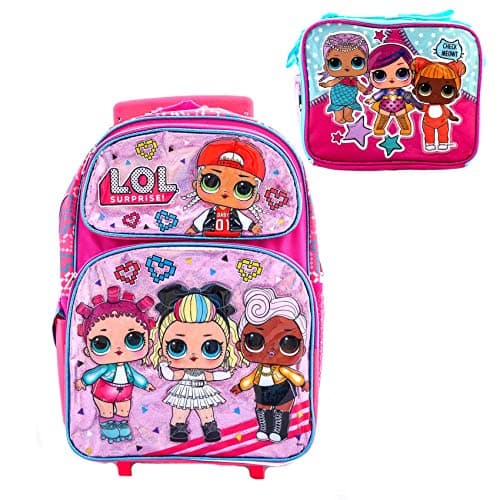 Girls Backpack with Matching LunchBox Travel Picnic Bag GO L.O.L for L.O.L Surprise! Kids (16 Inch Rolling Pink)