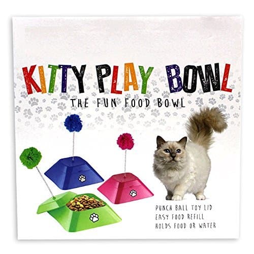 Kitty Cat Pet Food & Water Bowl with Fun Punch Ball Toy Lid (BLUE)