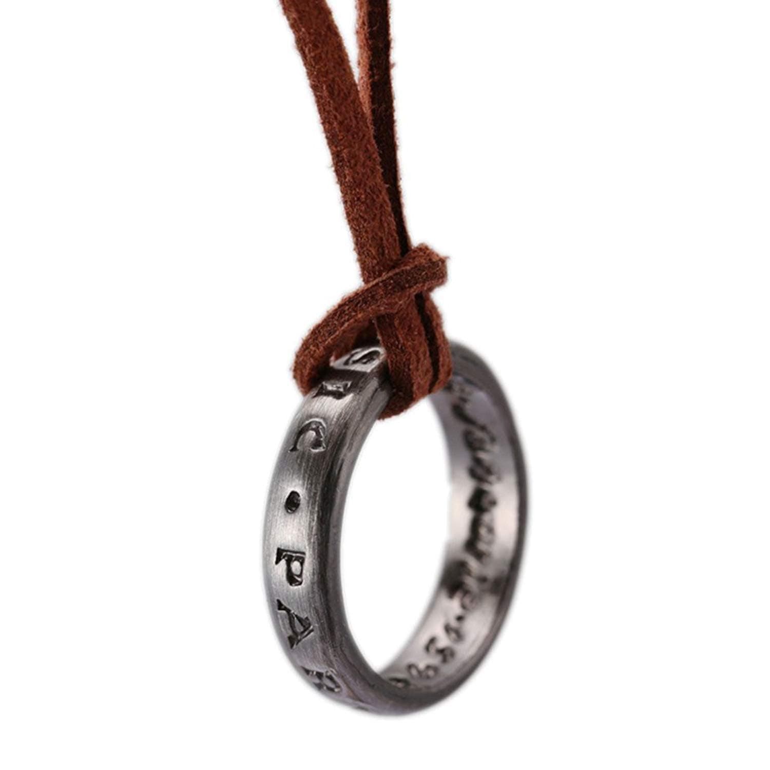 Uni Uncharted 4 Nathan Drake Ring Pendant Necklace with Adjustable Brown Leather Chain, Stainless Steel, No Gems, Stainless Steel, No Gemstone