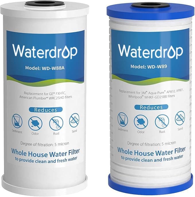 Waterdrop WF10PG 5 Micron 4.5" x 10" Big Blue Sediment Filter and Activated Carbon Filter, Replacement Cartridge for WFH21-PG Whole House Water Filtration System