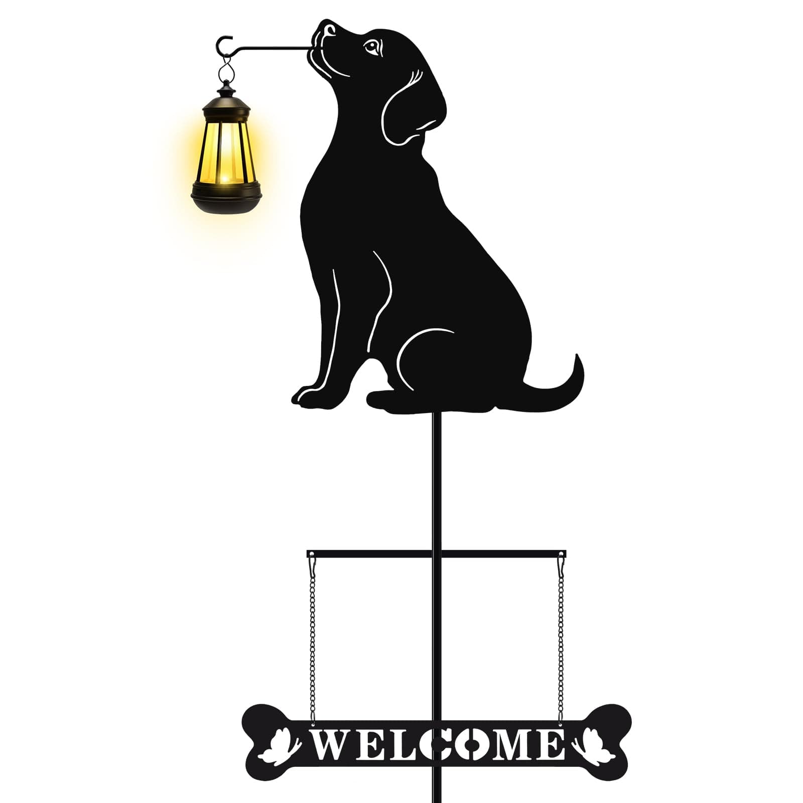 Solar Garden Stakes Golden Retriever Silhouette Dog Welcome Sign with Lantern Outdoor Decorative Stakes for Outside,Pathway,Yard, Lawn