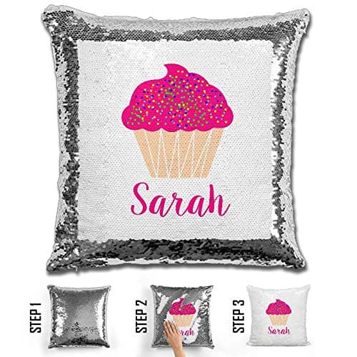 LemonsAreBlue Cupcake Personalized Mermaid Reversible Sequin Pillow, Custom Cupcake Sequin Pillow