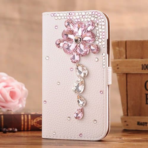 1X NE3C(TM) Samsung Galaxy Mega 6.3 I9200 I9025 I9028 Leather Folio Support Smart Case Cover With Card Holder & Magnetic Flip Horizontals - Pink Crystal Flower