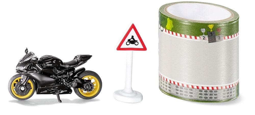siku 1601, Ducati Panigale 1299 Motorbike with tape and traffic sign, Black, Metal/Plastic, Rubber tyres