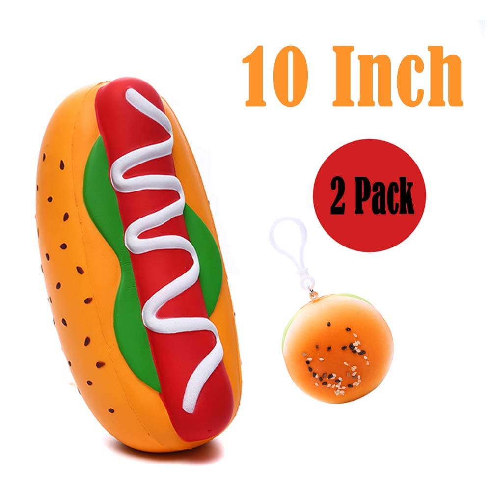 Sinofun 2 Pack 10 Inch Hot Dog Giant Squishy Package, Jumbo Cream Scented Food Slow Rising Hamburger Squishies Keychain, Soft Stress Relief Squeeze Toys, Party Favor/Birthday Gift for Boys/Girls/Kids