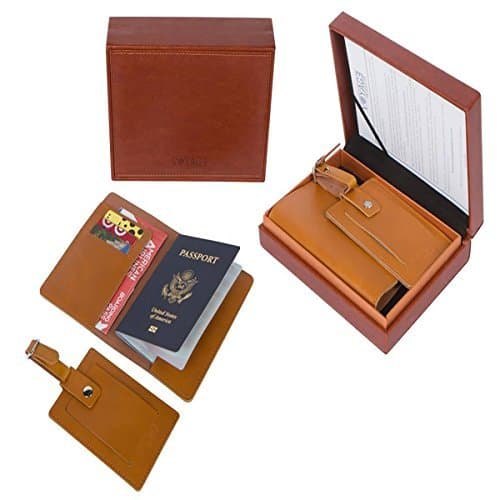Premium Quality Genuine Leather 3 Pc Passport Holder Luggage tag set with Elegant Gift/Storage Box for men, and women