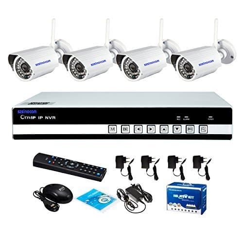 Sinocam 4Channel H.264 NVR Kit (4pcs Wireless 1.0MP 3.6 mm Day Night Vision Weatherproof IP Camera), 1MP HD P2P Bewegungserkennung