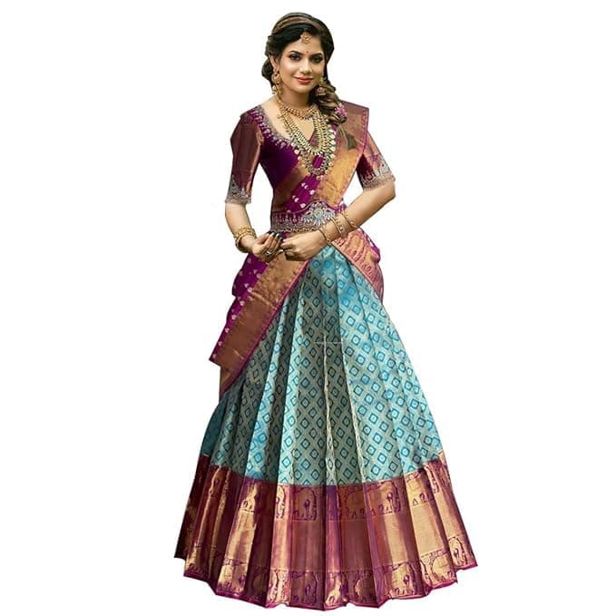 ZITON women's indian traditional unstitched kanjivaram silk lehenga choli along with dupatta attach with unstitch blouse piece, half saree