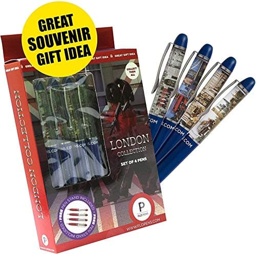 London Souvenir Gift Set, Collection Of 4 Custom Designed British Action Floating Pens With Free Pen Display Stand