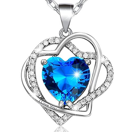 Women's Fashion Necklace-Blue Heart Cut Crystal Pendant Engraved I Love You with Chain-White Gold Plated Crystal Jewellery