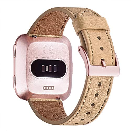 WFEAGL for Fitbit Versa Band, Top Grain Leather Band Replacement Strap for Fitbit Versa/Versa 2 /Versa Lite/Versa SE Fitness Smart Watch(Camel Band+Rose Gold Buckle)