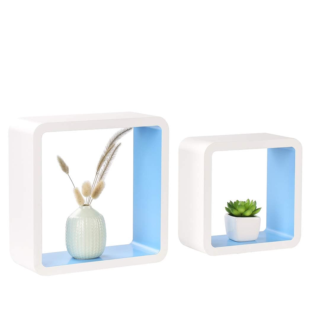 HomewellSet of 2 Cube Floating Shelves, Wood Wall Shelves for Home Decoration, Storage Display Rack, White+Blue.