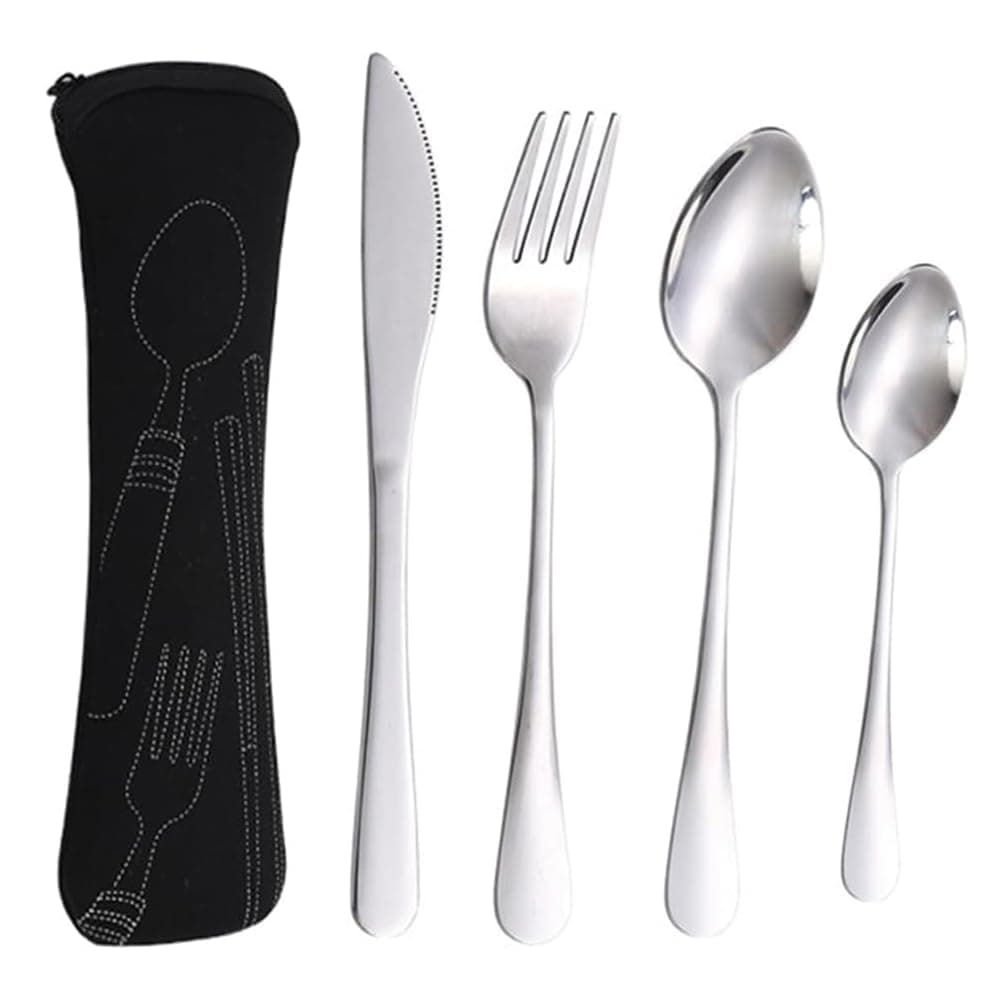 Cutlery Set with Portable Pouch Case - 5pcs Reusable Flatware Sets Knife, Fork, Spoon, Chopsticks for Outdoor Travel Picnic Office School Lunch Box