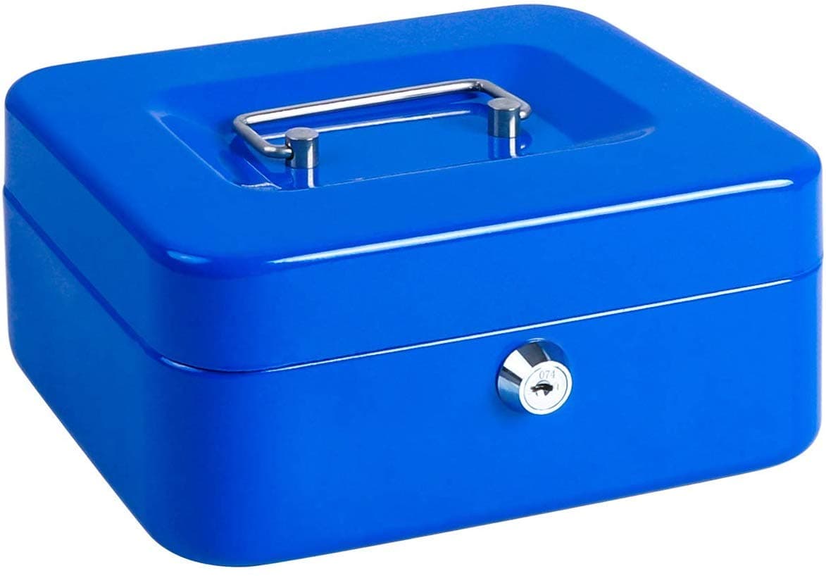 Money Box for Kids Lockable Cash Storage Box High Security Safety Box Portable Metal Money Tin Great for storing Money With 2 Keys and Cash Tray for Preety Cash (Royal Blue, 8")