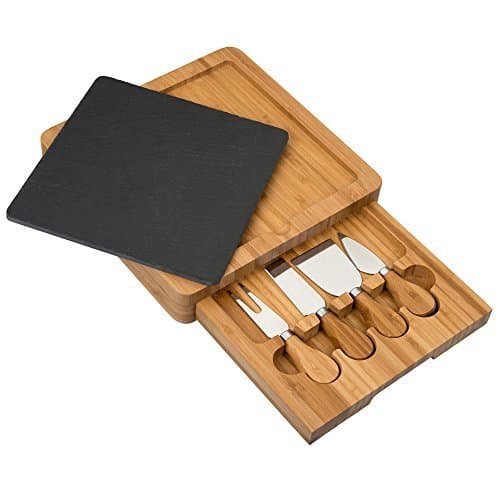 Slate and Wood Cheese Board Set, Includes Cheese Tools, Chalk, Removeable Slate Cheeseboard Platter Tray for Easy Cleaning & Retractable Storage [9.5" x 9.5"]