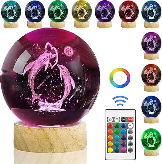 3D Dolphin Crystal Ball Lamp with Light Changing Wooden Base, Solar System Night Light, Dolphin Lamp Ball, 3D Crystal Ball, Use for Birthday, Gifts, Teens with Remote (Dolphin - 16 Color)