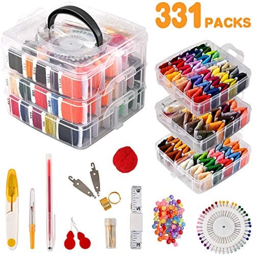 Rdutuok 331 Pack Embroidery Floss Bracelets Set 150 Colors Cross Stitch for Bracelets,100Pcs Letter Beads,81Pcs Cross Stitch Tools Threads Supplies Tools and 3-Tier Box for Storage
