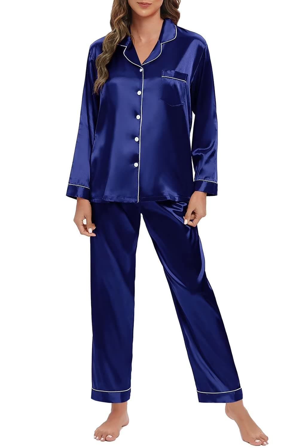 Women's Silk Satin Pajamas Set Long Sleeve Sleepwear Soft Pjs Set Two Piece Button Down Loungewear Pj Set