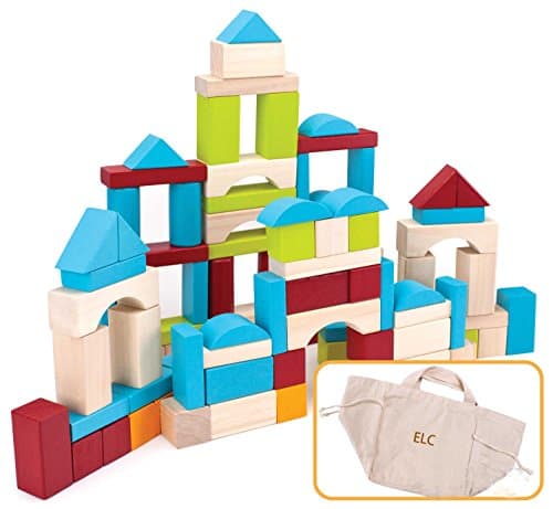 ELC 100 Pieces Wood Blocks Set with Carrying Bag and Box