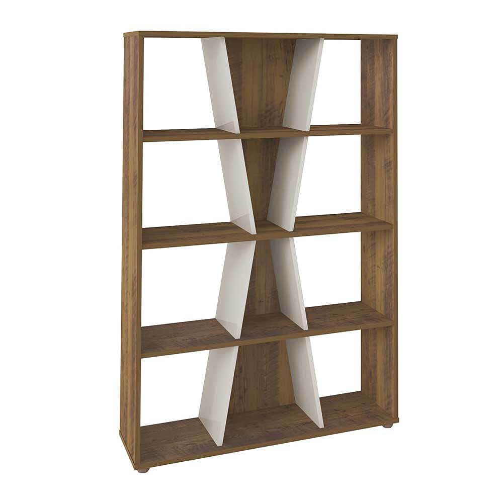 Artely Xis Bookcase, 12 Storage Shelves, X Shape, Pine Woody Brown With Off White - W 91 cm X D 25 cm X H 134.5 cm