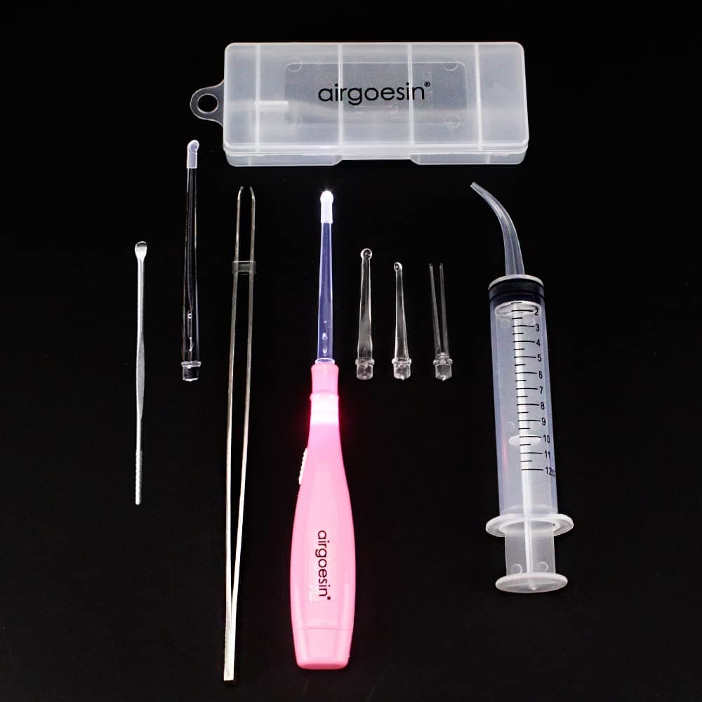 Airgoesin Tonsil Stone Removal Tool Lighted + Irrigation Syringe + Tonsillolith Tweezers Pliers (pink)