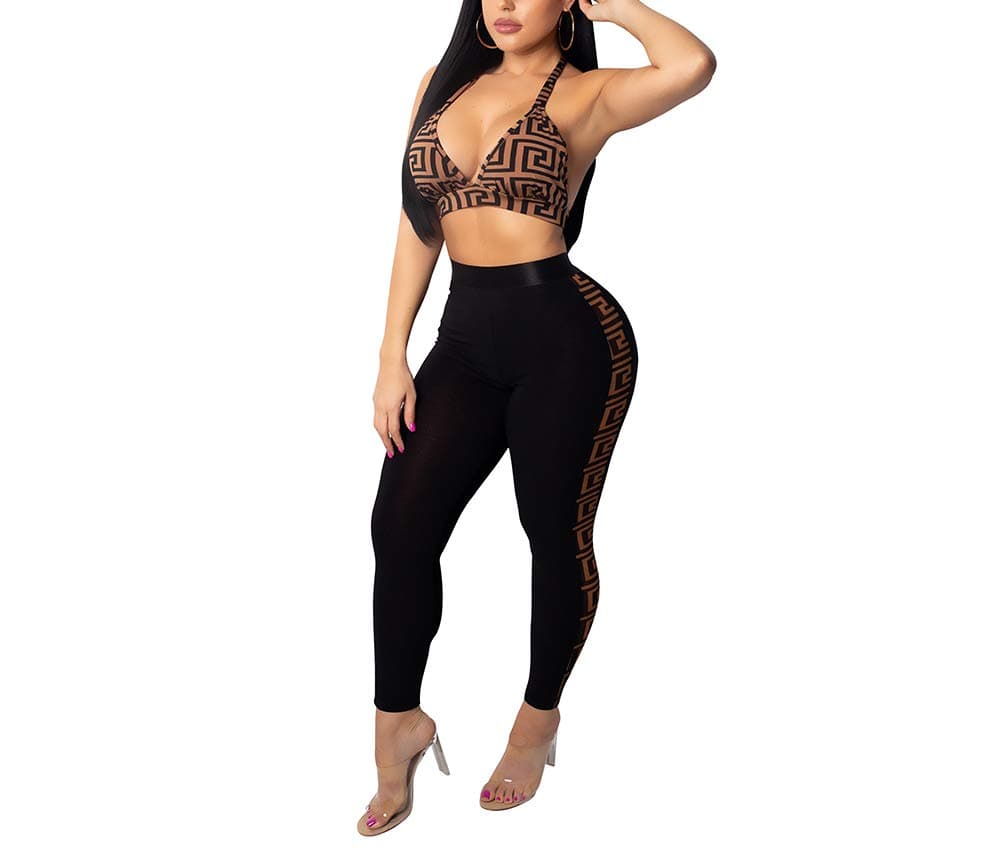 AEL Women's Sexy Print Jumpsuits Strap Sports Set Crop Tops High Waist Bodycon 2 Pieces Outfits Tracksuits(Coffee,XXL)