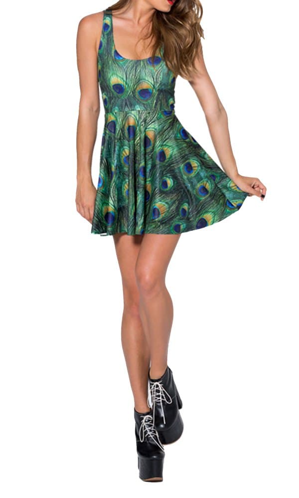 Summer Pleated Knee-length Digital Print Peacock pattern Reversible Skater Dress