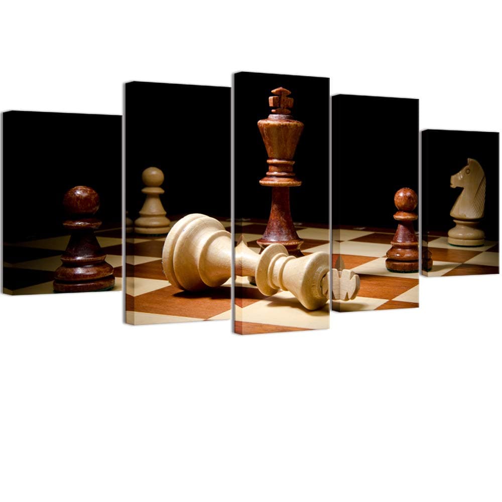 WELMECO Large 5 Pieces Wall Decor Closeup of Checkmate One Wooden Chess King Dominating Another Picture Rustic Canvas Prints for Home Decoration Ready to Hang L-60 x H-32 (01 Retro Color)