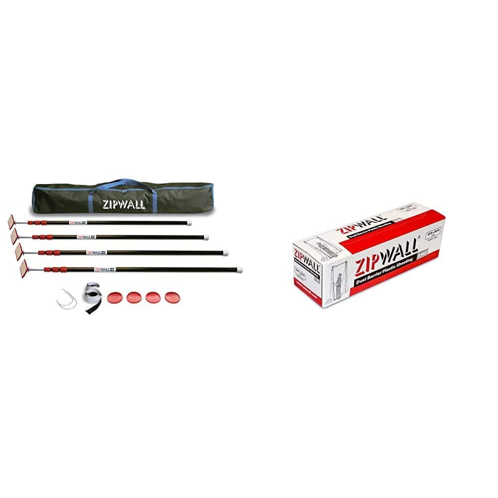 ZP4 ZipPole 10 Foot Spring Barrier (Pack of 4) Loaded Poles for Dust Barriers, 4 Pack, Black and ZipWall PY50 Dust Barrier Plastic Sheeting, White 10ft x 50ft, 3 mil