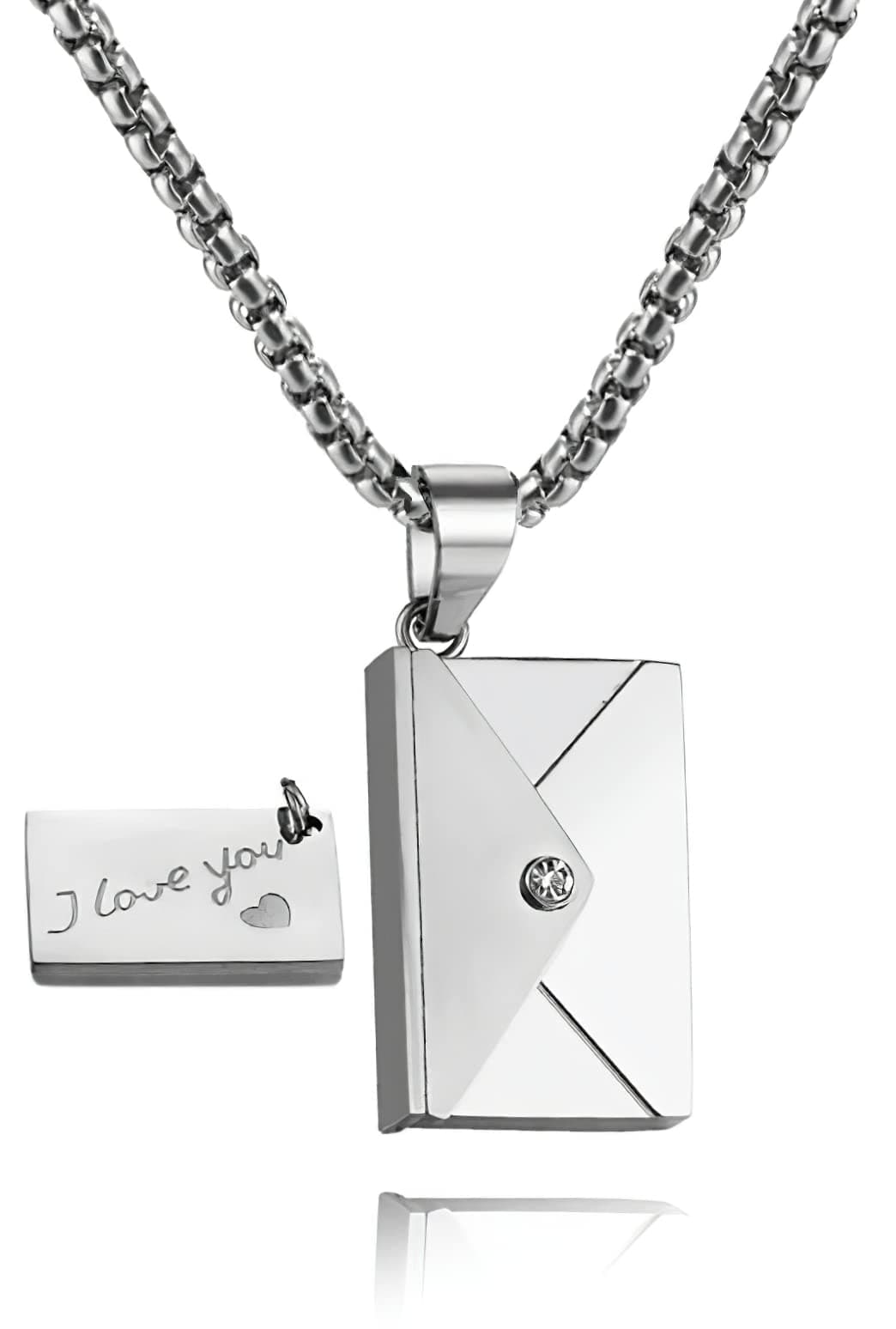 Envelope Love Letter Necklace for Women and Men Stainless Steel Engraved Locket with I Love You Secret Message Jewelry Pendant Gift for Couples and Family