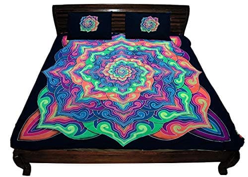 Space Tribe Bedset Spiral Lotus. King-Size Duvet Cover + 2 Pillowcases, Hand-Painted, UV Active, Psychedelic Bedding, Trippy Quilt Cover, Bed-Set