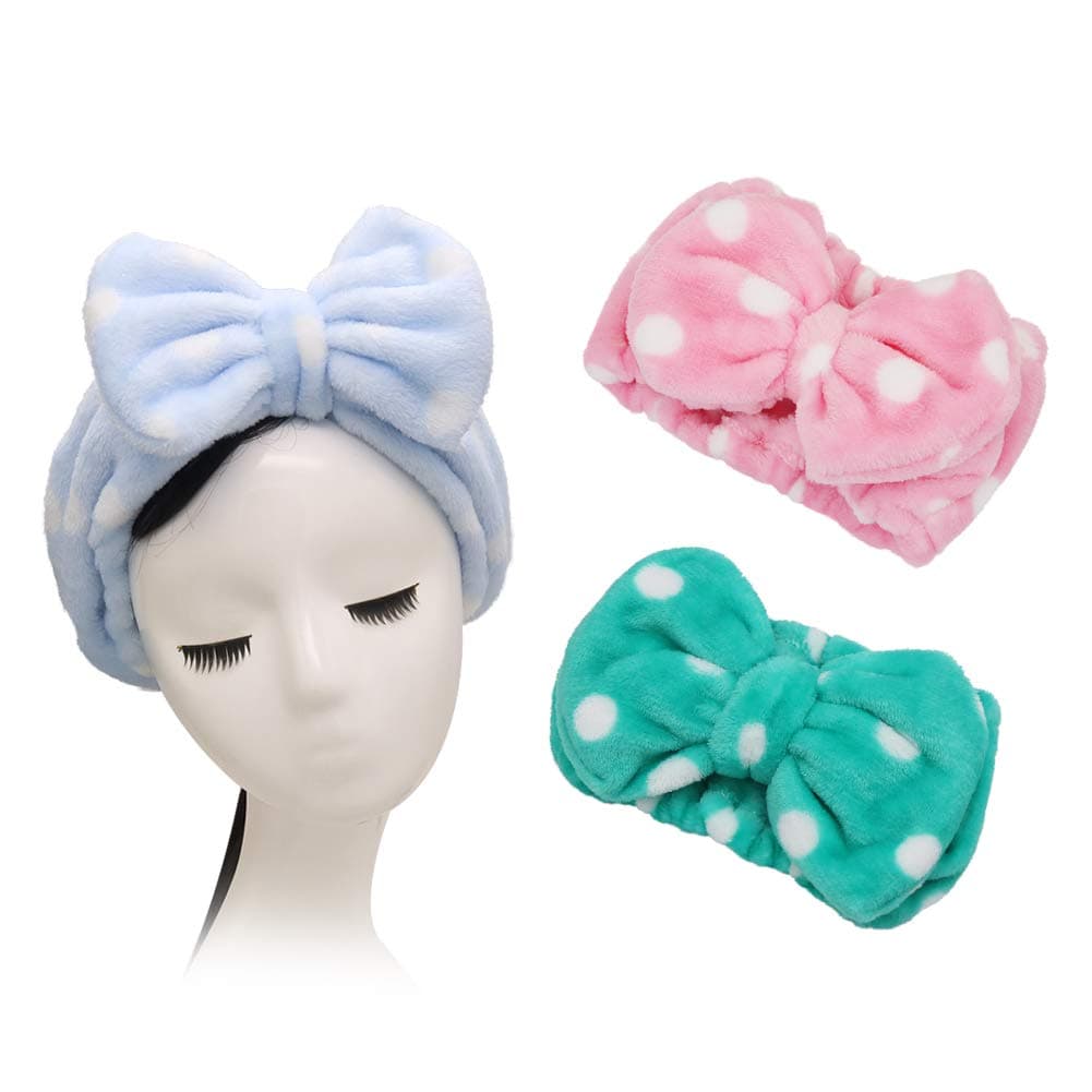 Shintop 3 Pack Makeup Headband - Lovely Soft Fleece Elastic Hair Band for Spa Shower Mask and Washing Face (Pink Polka Dots, Pink+Light Blue+Green)