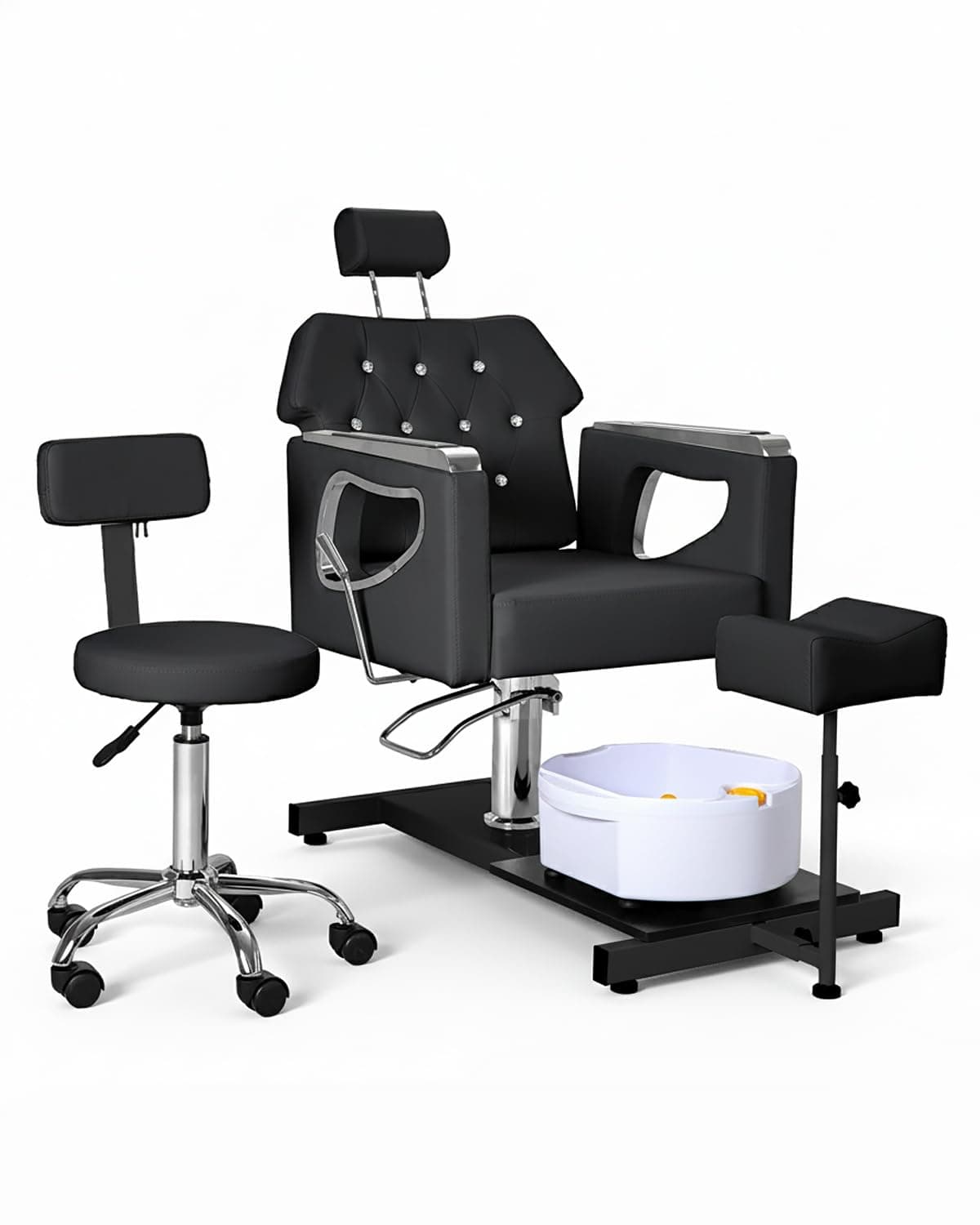 All‑in‑One Pedicure Chair with Foot Spa & Stool, Nail Tech Pedicure Station with Adjustable Footrest & Bubble Massage Basin, Nail Salon Manicure Chair for Spa Home (Black & Silver)