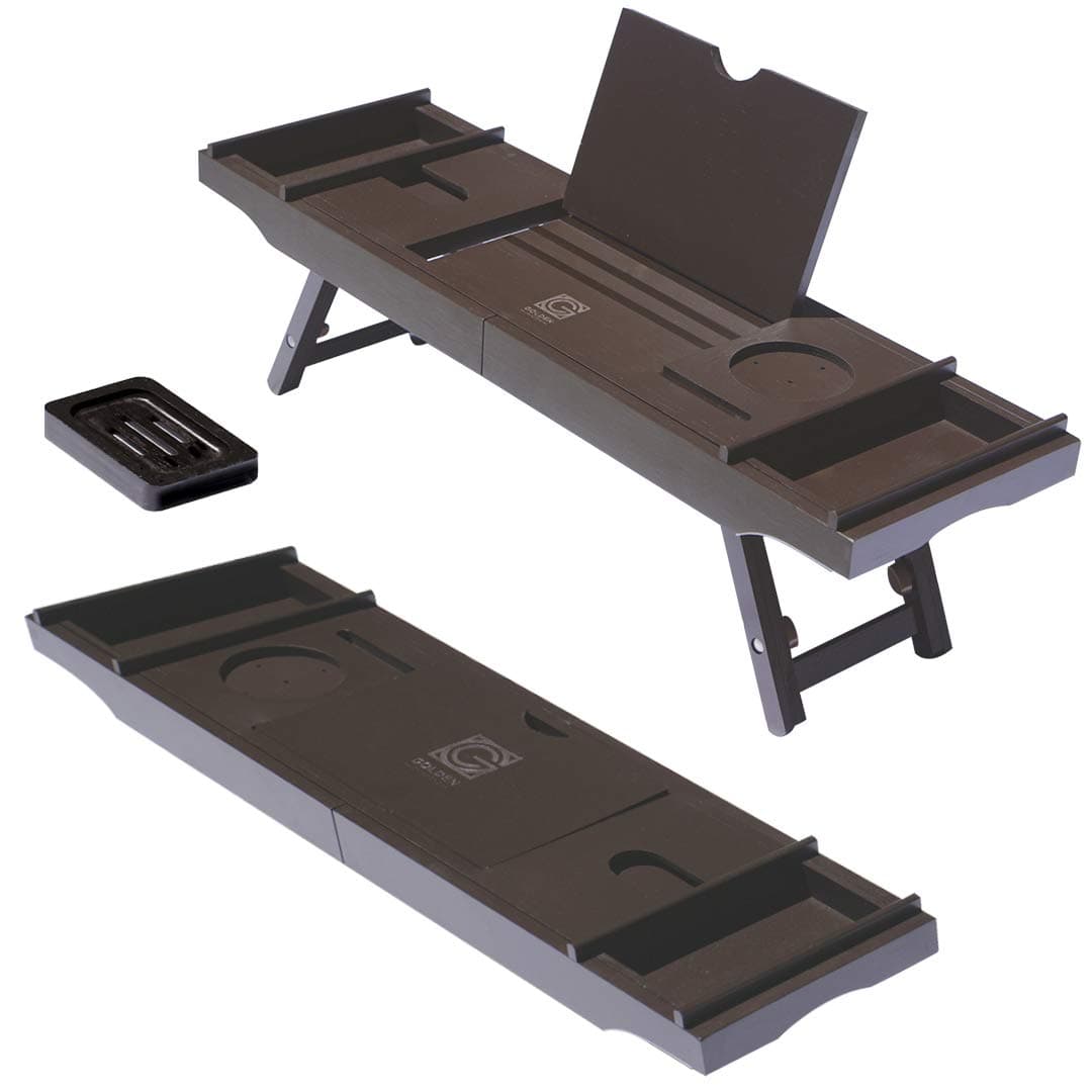3-in-1 Premium Bathtub Caddy, Laptop Desk & Bed Tray with Extendable Arms and Adjustable Legs - Includes a Free Soap Dish, Two Spa Trays and Tablet/Wine Glass/Candle/Phone Holders - Brown Bamboo Color