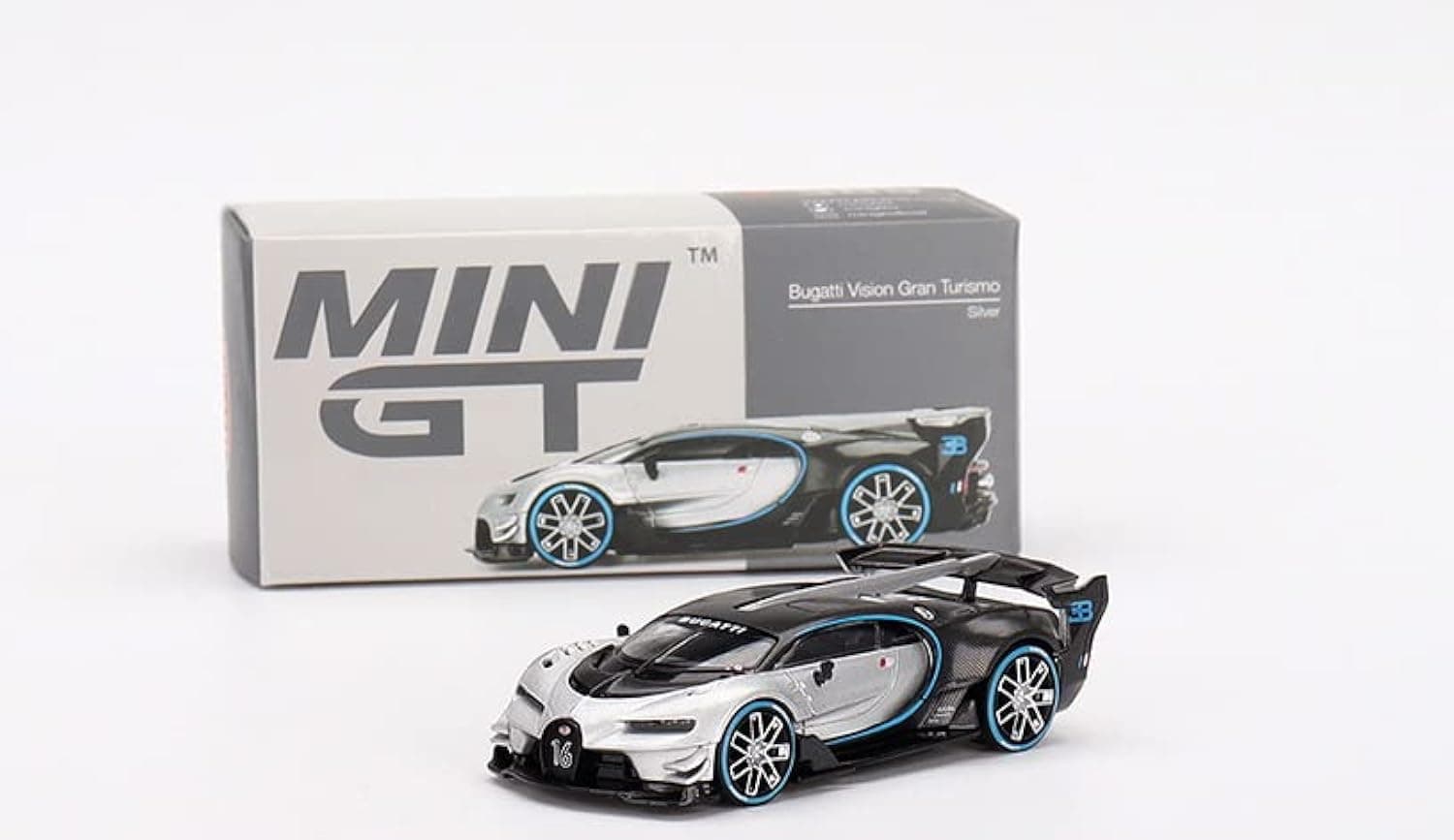 MINI GT Bugatti Vision Gran Turismo Sliver and Carbon 1/64 Diecast Model Car by True Scale Miniatures MGT00369