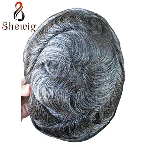 SheWig Men’s Toupees Fine Mono Top Poly Around Toupee India Remy Human Hair Replacement Systems