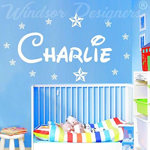 Windsor Designers - Personalised WALL STICKER Name with Stars, Disney Style children Room, Nursery zz3 -Small -SIZE 60cm x 20cm (24" x 8") -White