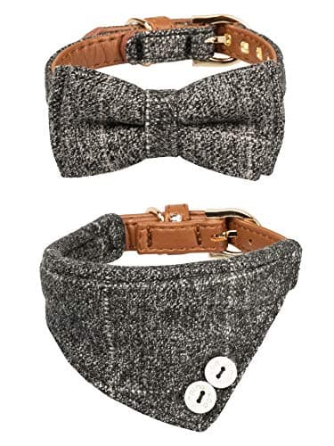 Small Dog Collar Puppy Cat Tiny Pet Bow Tie & Bandana 2pcs Set PU Leather Canvas Scarf Durable Grey Classic