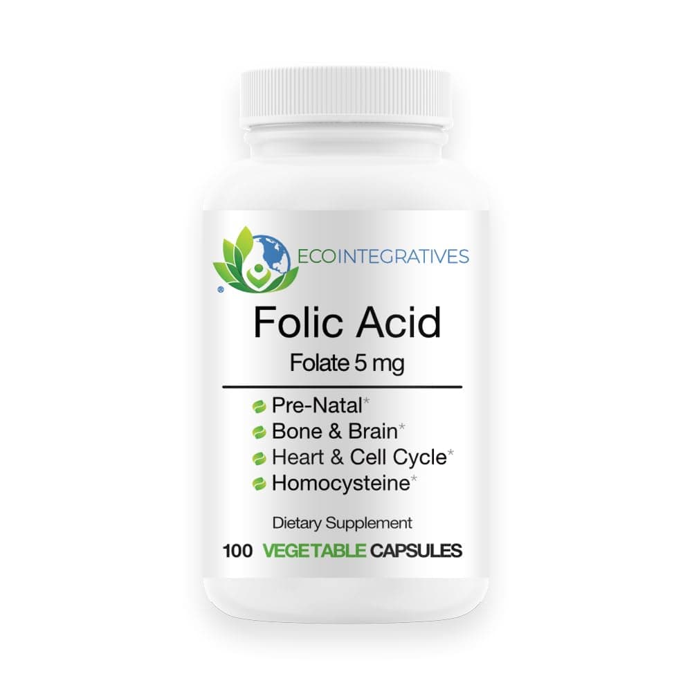 EcoIntegratives Folic Acid Folate 5mg (B9) Prenatal, Reproductive Health, Homocysteine, Metabolism, Cardiovascular, Bone, Immune Support, Allergen Free, Non GMO - 100 Vegan Capsules