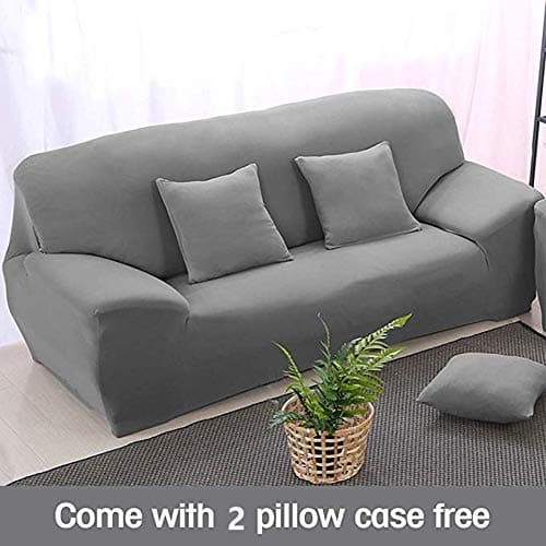 Loouer Couch Cover Universal One-Piece Elastic Fabric Sofa Slipcover Solid Color Stretch Couch Armchair Slipcover Settee Sectional Furniture Protector (4 Seater, Gray)