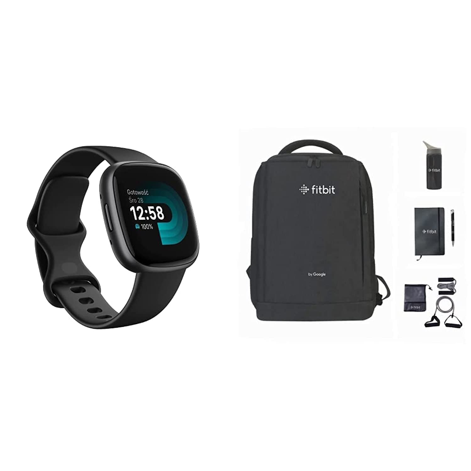 Fitbit Versa 4 Fitness Smartwatch with built-in GPS and up to 6 days battery life - Black/Graphite + Fitbit gift bag with Notepad, pen, water bottle, skipping rope