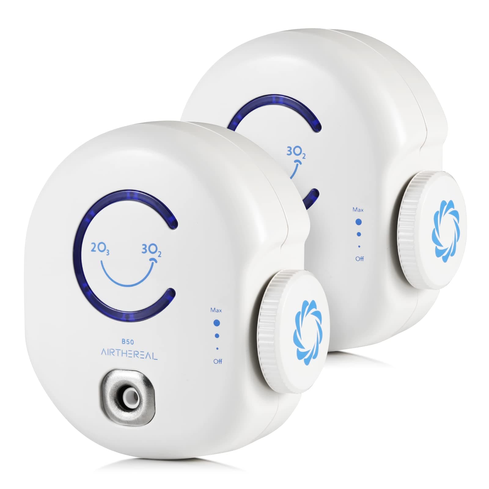 B50 Mini Ozone Generator Air Purifier- Removes Odors and Sterilizes Air in Small Spaces Up To 320 Sq Ft - Plug in Mini Air Ionizer, Adjustable Ozone Output of 10-50 mg/h, 2-Pack